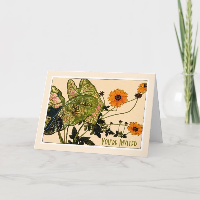 Caladium & Coreopis Flowers, Botanicals-Customise Invitation (Front)