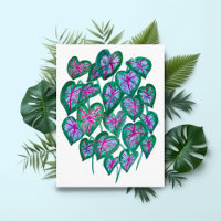 Caladiums Pink & Green Leaves Watercolor Art