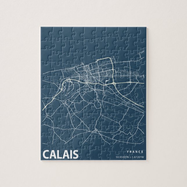 Calais France Minimalist City Map Line Art in Blue Jigsaw Puzzle (Vertical)
