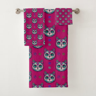 Calavera Cat Art Pattern Bath Towel Set