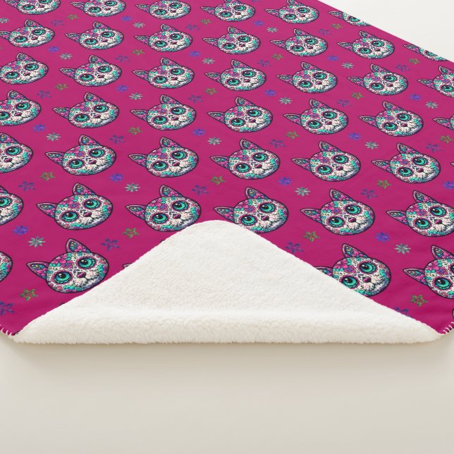 Calavera Cat Art Pattern Sherpa Blanket (3/4)