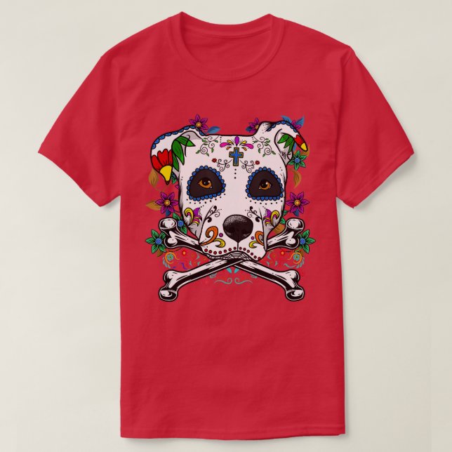 Calavera Pitbull Terrier Dog Dia de Muertos Hallow T-Shirt (Design Front)