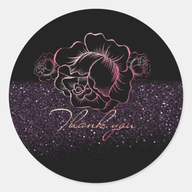 Calcomanía de agradecimiento con rosas y purpurina classic round sticker (Front)