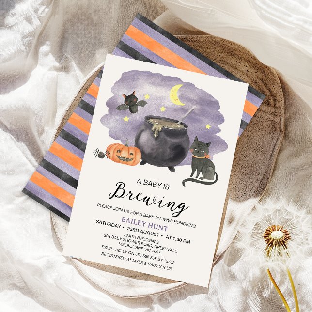 Caldron Halloween Baby Is Brewing Baby Shower Invitation (Halloween Baby Is Brewing Baby Shower Invitation, Halloween Themed Gender Neutral Baby Shower Invite)