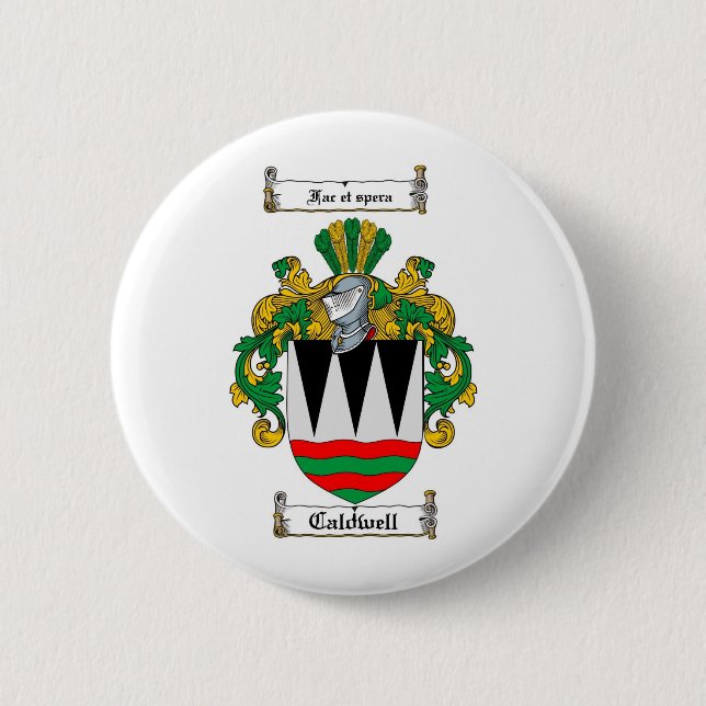 CALDWELL FAMILY CREST -  CALDWELL COAT OF ARMS 6 CM ROUND BADGE (Front)
