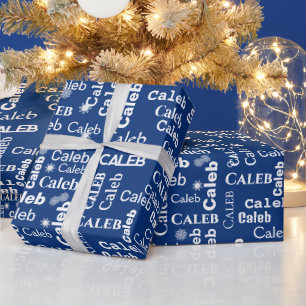 CALEB Custom Name With Snowflakes On Blue Wrapping Paper