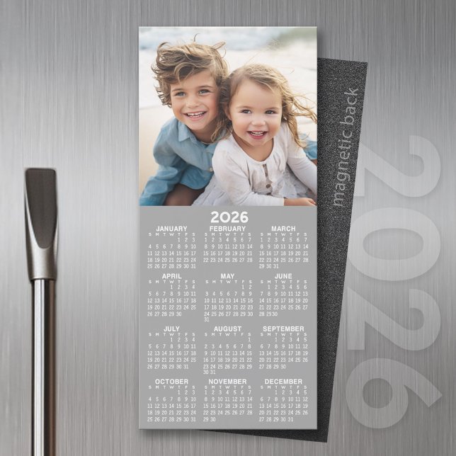 Calendar 1 Photo Collage - Can Edit Grey (2026 Calendar Magnet for the Fridge or Home Office - Add a Photo for a Personal Touch)