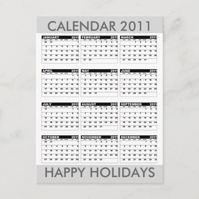 Calendar 2011 Happy Holidays Postcard Grey (Front)