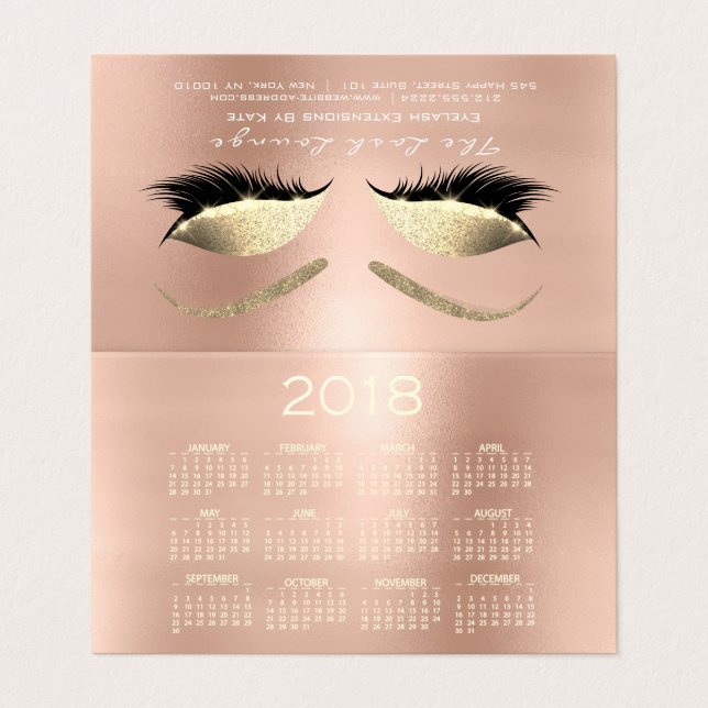 Calendar 2018 Beauty Studio Lashes Pink Rose Eyes Business Card (Outside Unfolded)