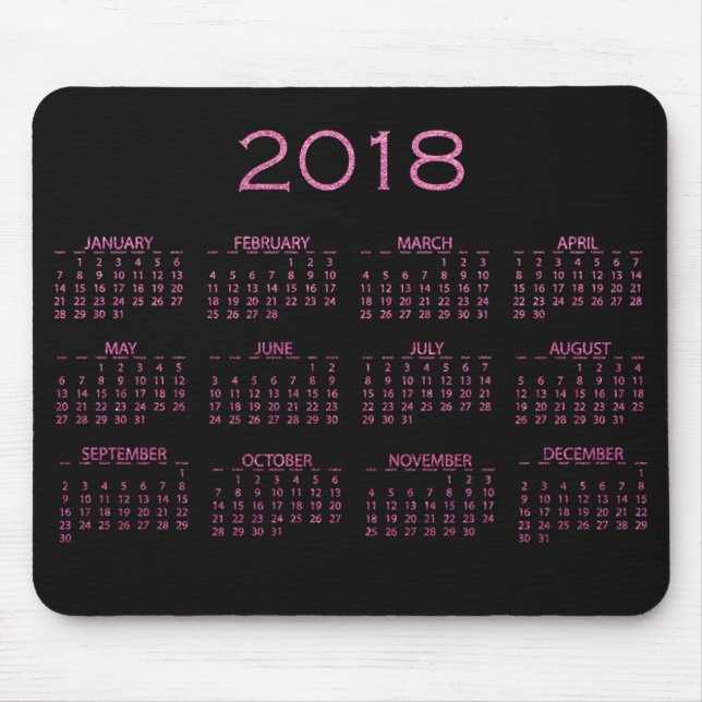 Calendar 2018 Black Bright Vivid Pink Glitter Mouse Mat (Front)