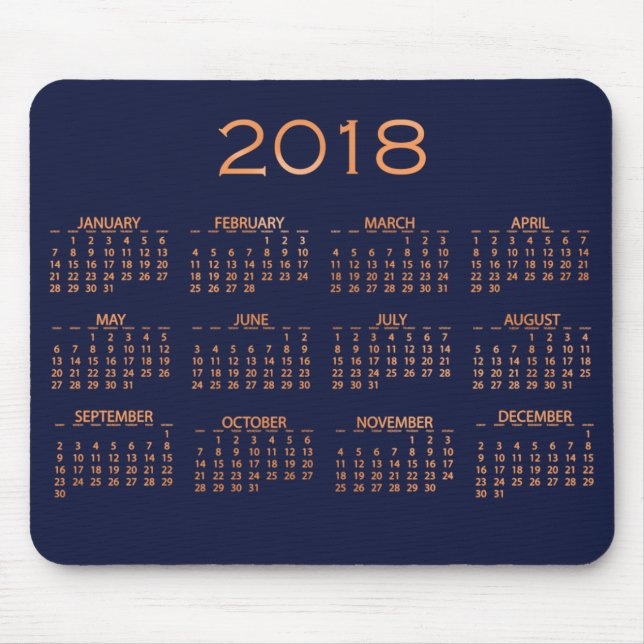 Calendar 2018 Metallic Blue Navy Copper Rose Gold Mouse Mat (Front)