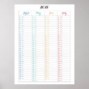 Calendar 2020 Colorful Poster With Four Month