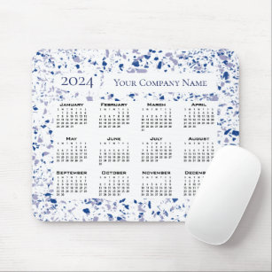 Calendar 2024 Blue White Grey Terrazzo Custom Mouse Mat