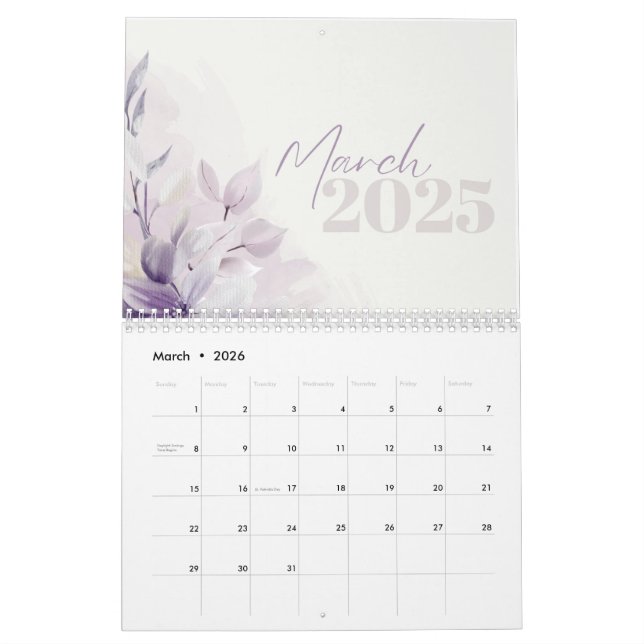 Calendar 2025 Floral Purple Watercolor  (Mar 2026)