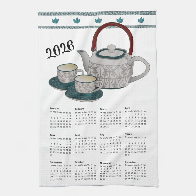 Calendar 2026 Cups & Teapot modern Kitchen Towels (Vertical)