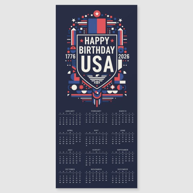 Calendar 2026 Happy Birthday USA 250 Magnetic Card (Front)