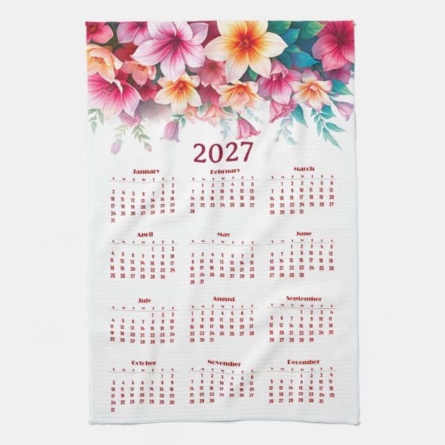 Calendar 2027 with flowers tea towel (Vertical)