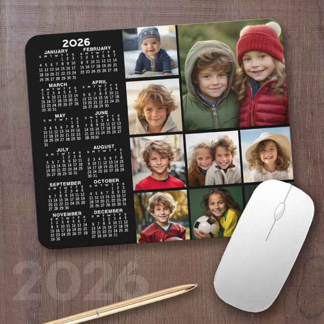 Calendar - 9 photo collage - black mouse mat (2026 Calendar with your logo or photos - Great Business Gift or Home Office Decor)
