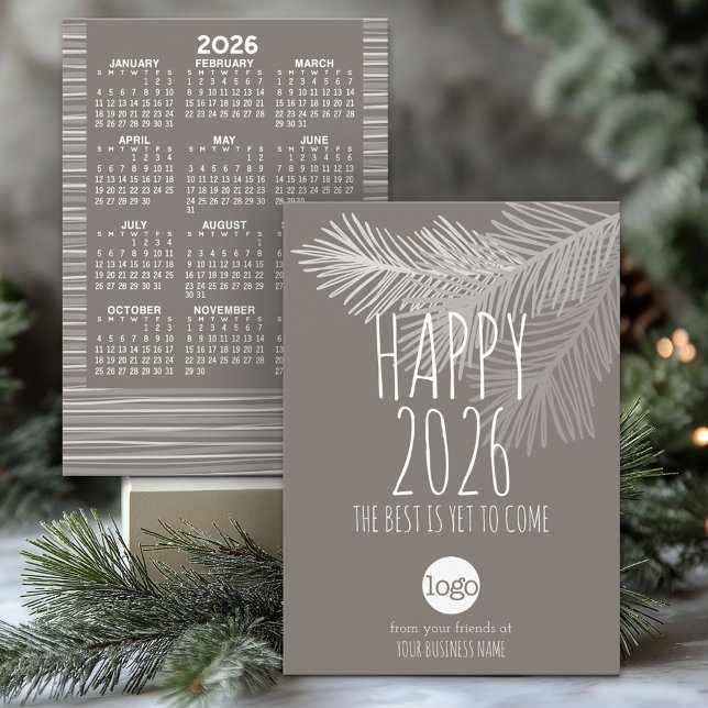 Calendar and Logo - Happy New Year - Mod Taupe Holiday Card (2026 Calendar on a Business Holiday Card with Logo)