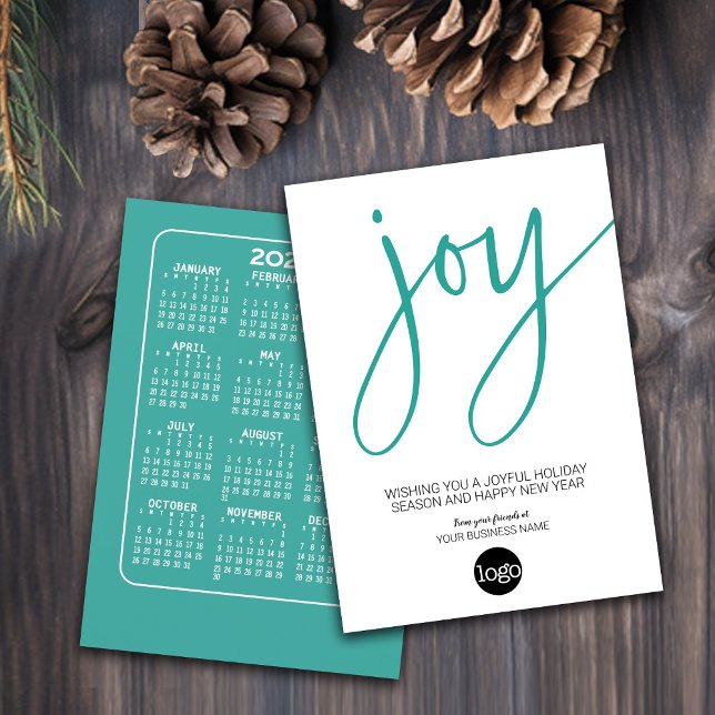 Calendar and Logo - JOY - Aqua White - Business Holiday Card (Holiday Card for Your Business - Add a Logo with a Calendar on the back)