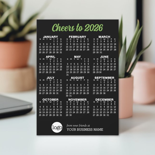 Calendar Black Green Business Logo Holiday Card (2026 Calendar on a Holiday Card)