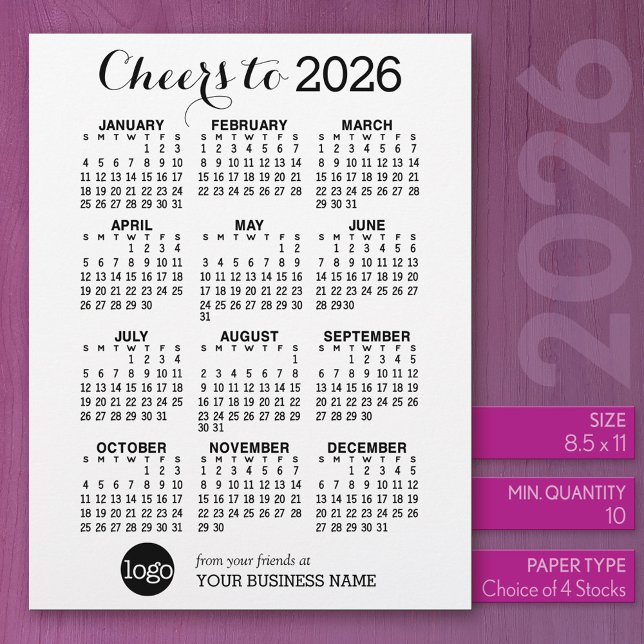 Calendar Black White Business - Holiday Custom Letterhead (2026 Calendar)