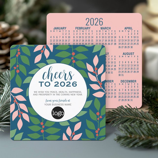 Calendar Business Greeting with Logo - Cheers Holiday Card (2026 Calendar on a Modern Business Holiday Card)