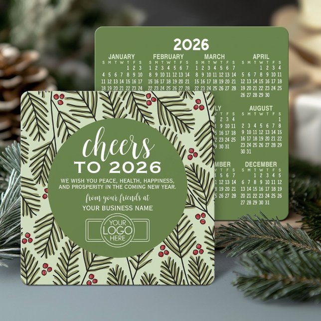 Calendar Business Logo - Green Branches Cheers Holiday Card (Business Holiday Card with 2026 Calendar)