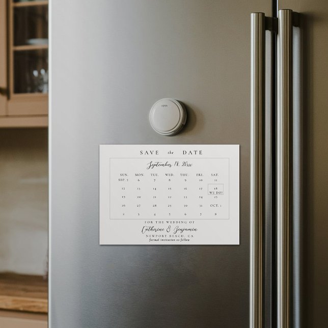 Calendar Calligraphy Elegant Wedding Save the Date Magnetic Invitation (wedding calendar save the date magnet modern minimalist calligraphy black white template)