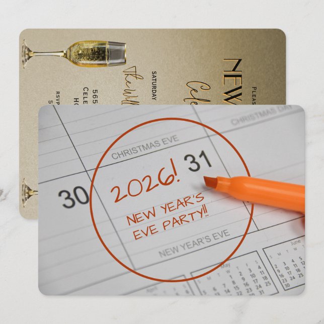 Calendar & Champagne New Year's Eve Party Invitation (Front/Back)