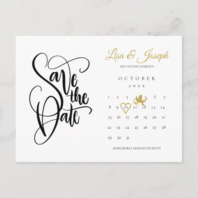 Calendar Cupid Gold Love Heart Save the Date Announcement Postcard (Front)