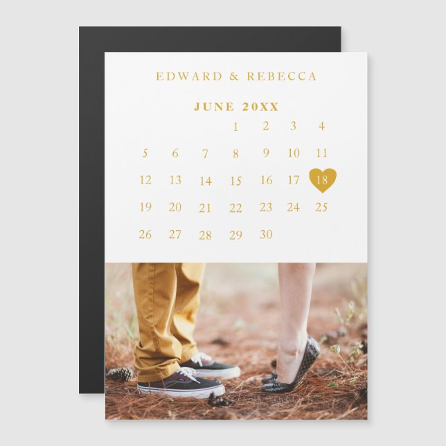 Calendar Elegant Gold Photo Wedding Save the Date Magnetic Invitation (Front/Back)