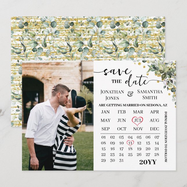 Calendar Eucalyptus Gold Save the Date Wedding (Front/Back)