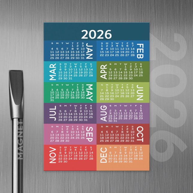 Calendar - Full Year with funky colourful months (2026 Calendar with a Magnetic Back)