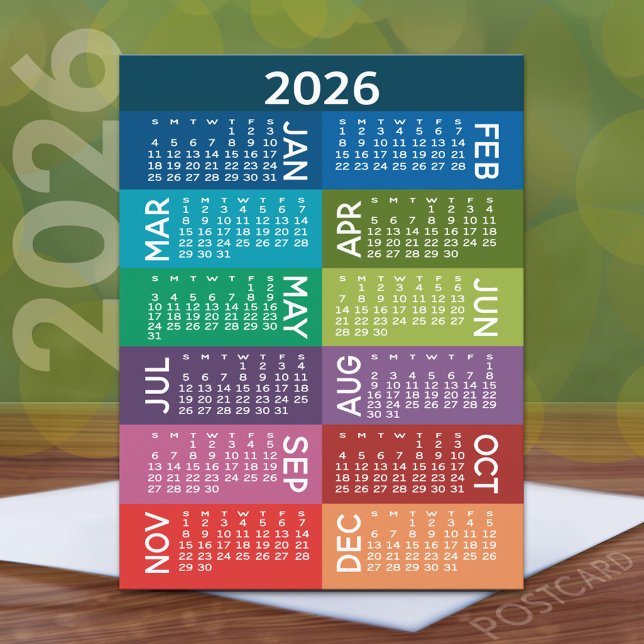 Calendar - Full Year with funky colourful months Postcard (2026 Calendar Postcard)