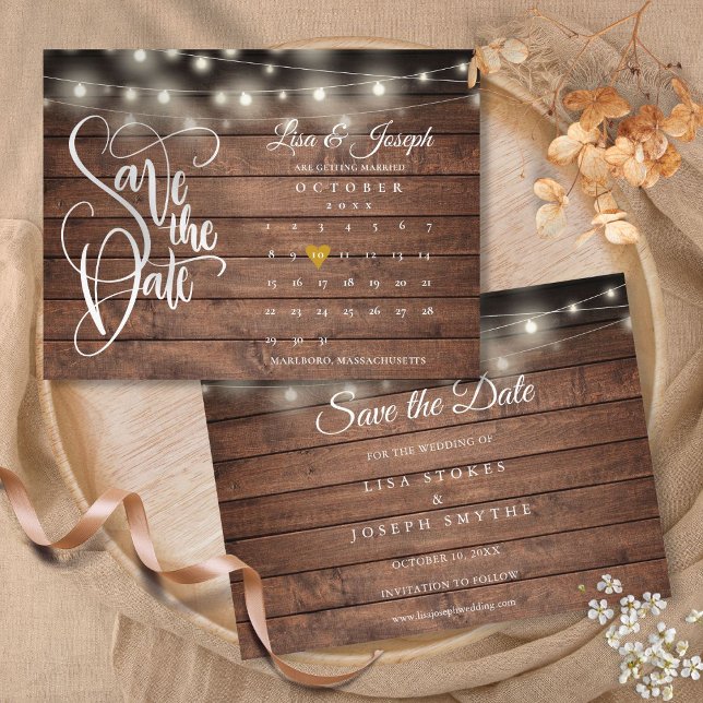 Calendar Gold Heart Rustic Wood Save the Date Announcement Postcard (Calendar Gold Heart Rustic Wood Save the Date Announcement Postcard)