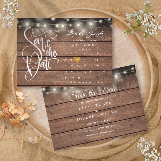 Calendar Gold Heart Rustic Wood Wedding Save The Date (Calendar Gold Heart Rustic Wood Wedding Save The Date)