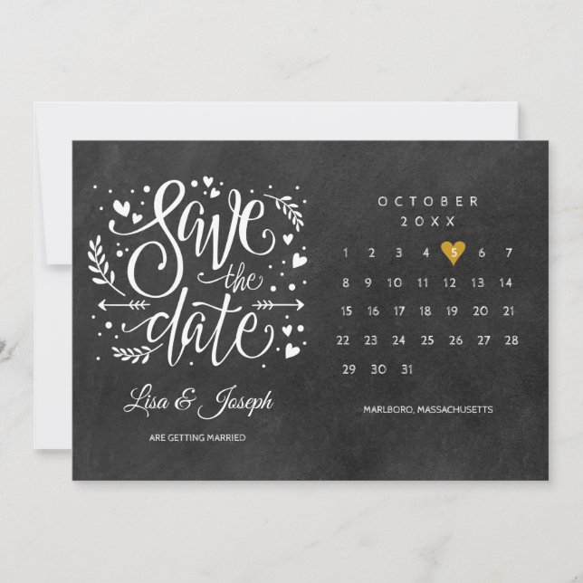 Calendar Gold Love Heart Chalkboard Save The Date (Front)