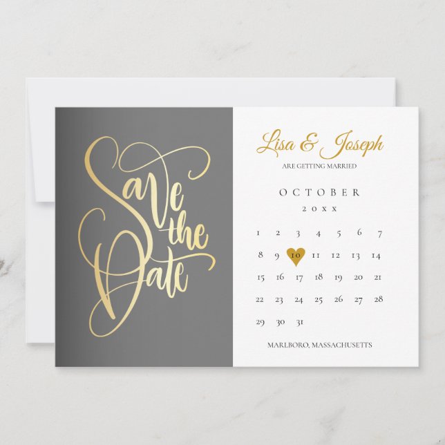 Calendar Gold Love Heart QR Code Wedding Save The Date (Front)
