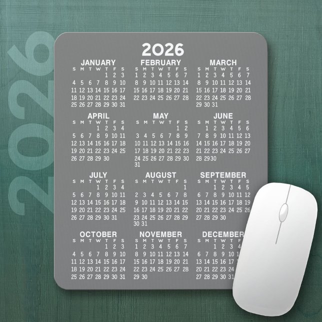 Calendar - grey background - Vertical  Mouse Mat (2026 Calendar Mousepad)