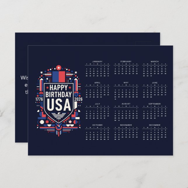 Calendar Happy Birthday USA 250 Holiday Postcard (Front/Back)