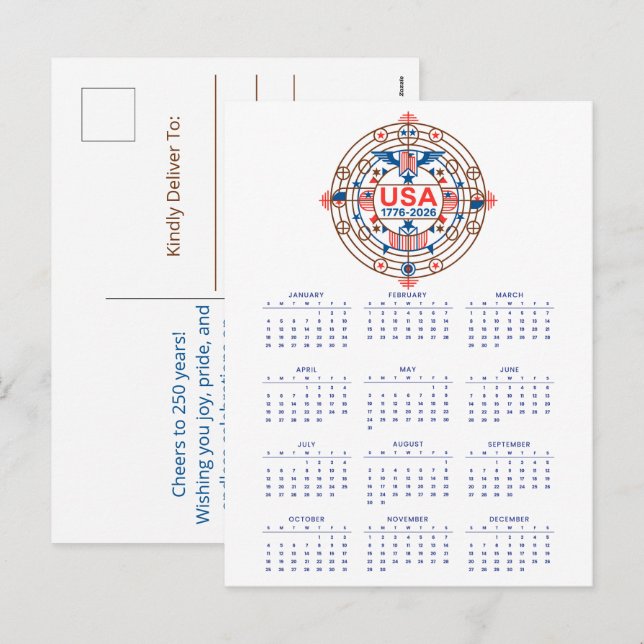 Calendar Happy Birthday USA 250 Holiday Postcard (Front/Back)