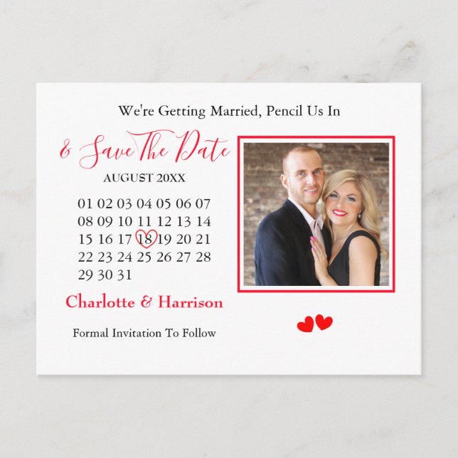 Calendar Heart Wedding Save The Date Photo Announcement Postcard (Front)