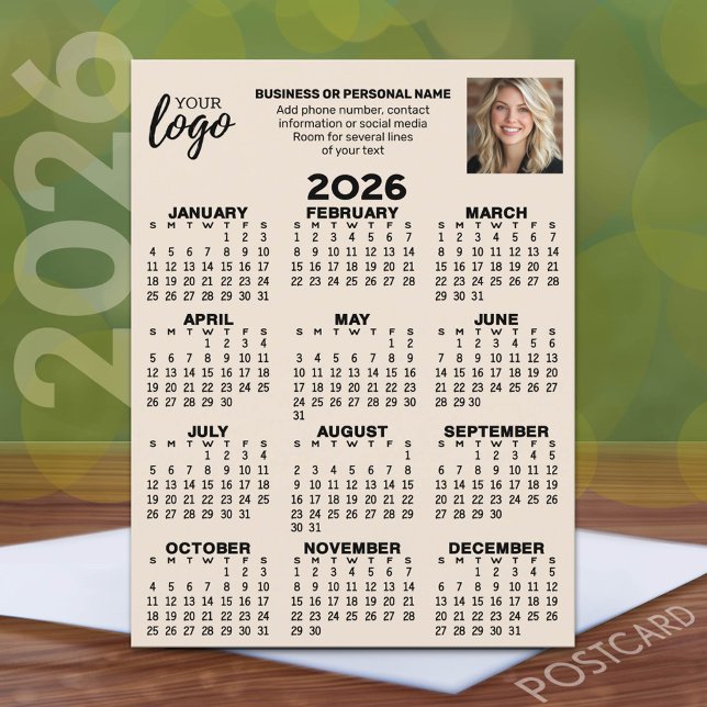 Calendar - logo, photo, business contact - beige postcard (2026 Calendar Postcard with a logo, photo and business contact information)