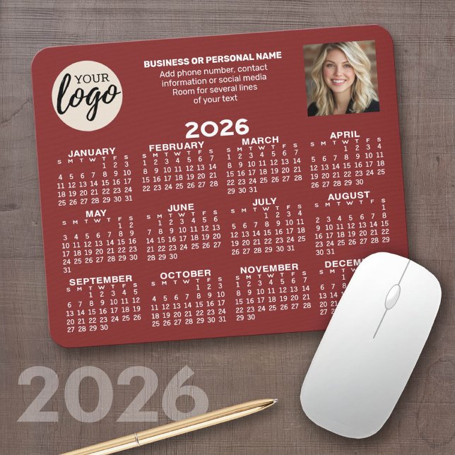 Calendar - logo, photo, business contact burgundy mouse mat (2026 Calendar on a computer mousepad)