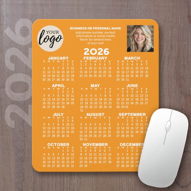Calendar - logo, photo, business contact - orange mouse mat (2026 Calendar on a mousepad - add your logo and photo plus business information)