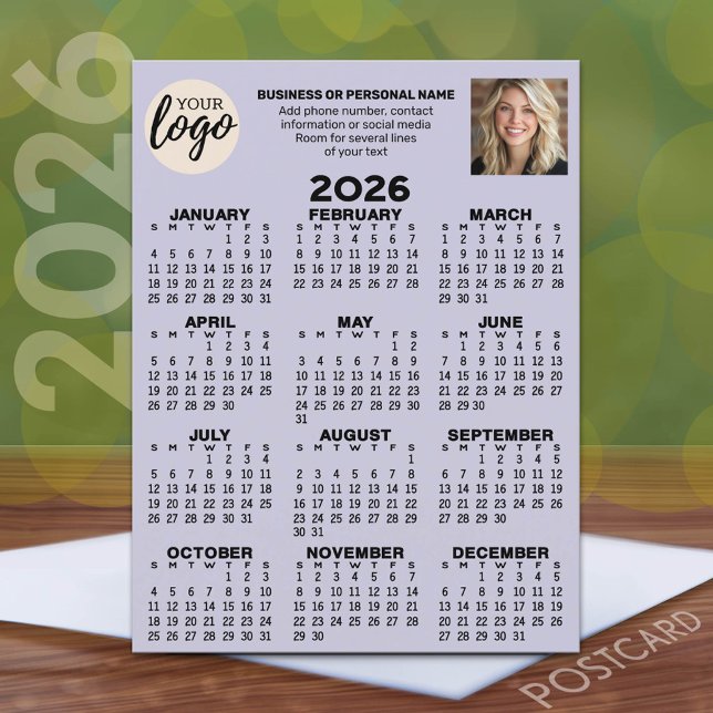 Calendar - logo, photo, business contact - pastel postcard (2026 Calendar Postcard with a logo, photo and business contact information)
