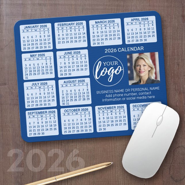 Calendar - logo, photo business mouse mat (2026 Calendar with a Photo Collage on a Mousepad)