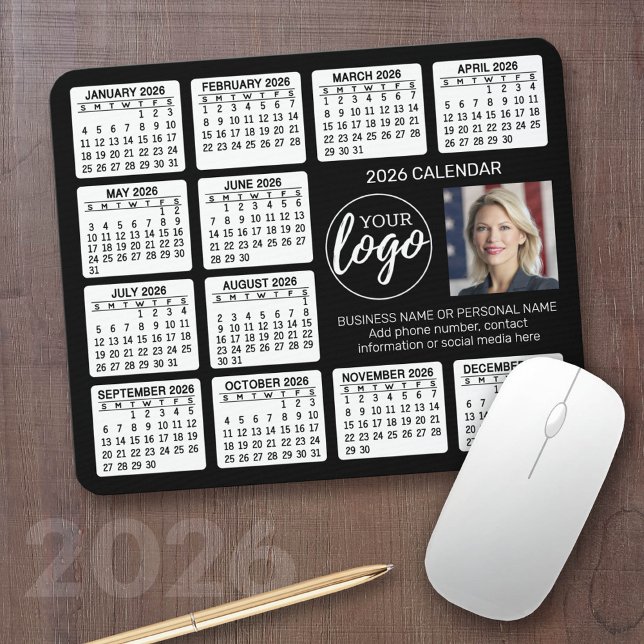 Calendar - logo, photo business mouse mat (2026 Calendar with your logo or photos - Great Business Gift or Home Office Decor)