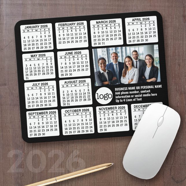 Calendar - logo, photo business mouse mat (2026 Calendar with your logo or photos - Great Business Gift or Home Office Decor)